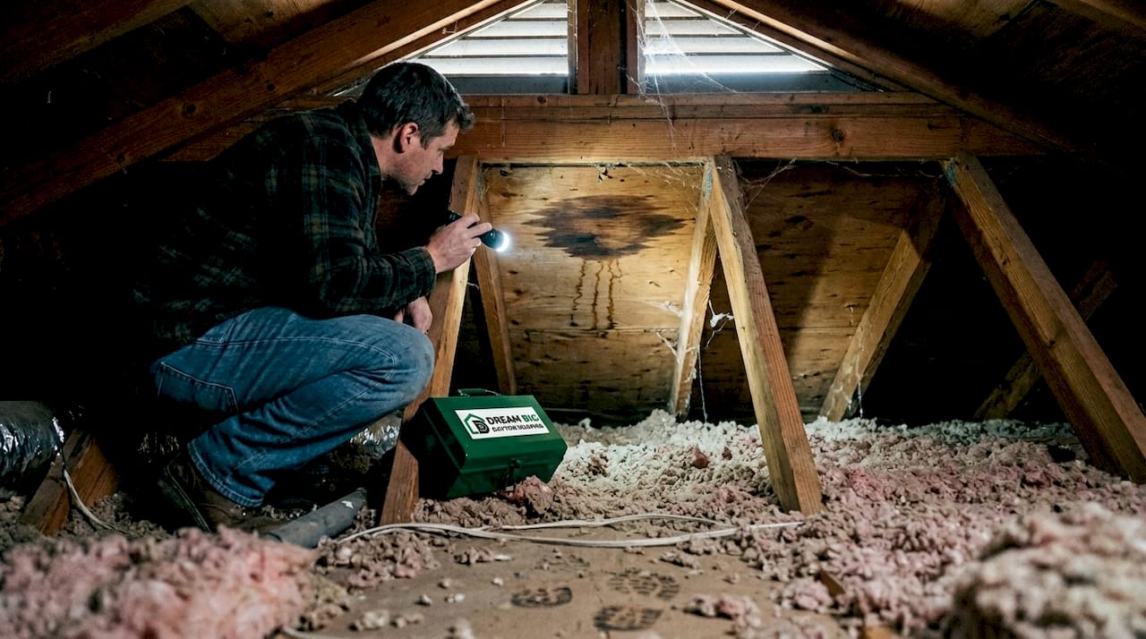 Attic roof inspection with flashlight