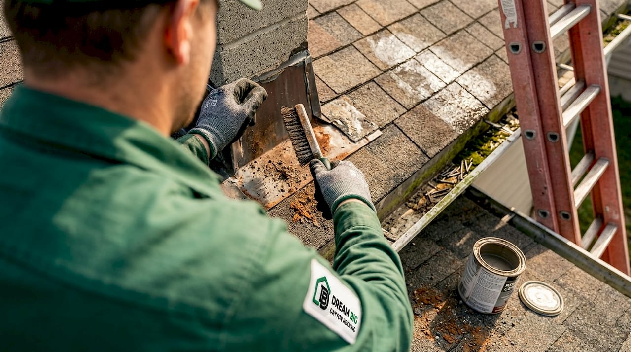 Contractor cleaning flashing at chimney roof junction