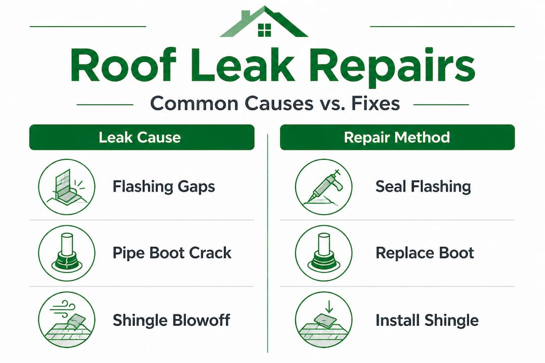 Infographic comparing roof leak causes and fixes