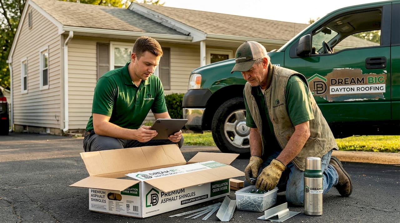 Roofers reviewing tools and instructions