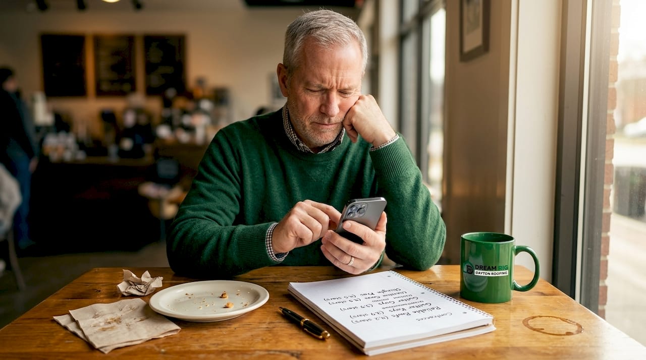 Man reviews roofing testimonials in coffee shop