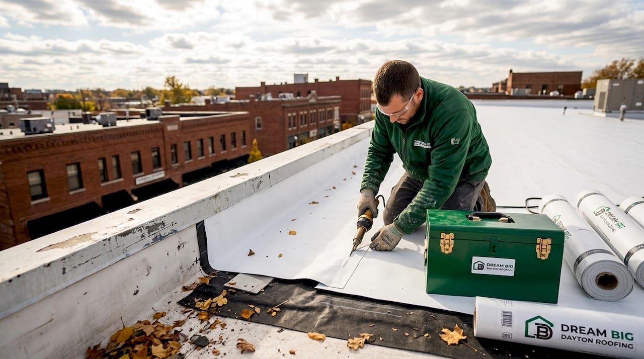 Contractor installing TPO roofing membrane