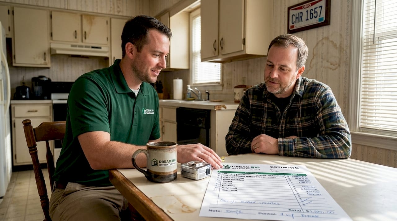 Contractor reviewing roof estimate with homeowner