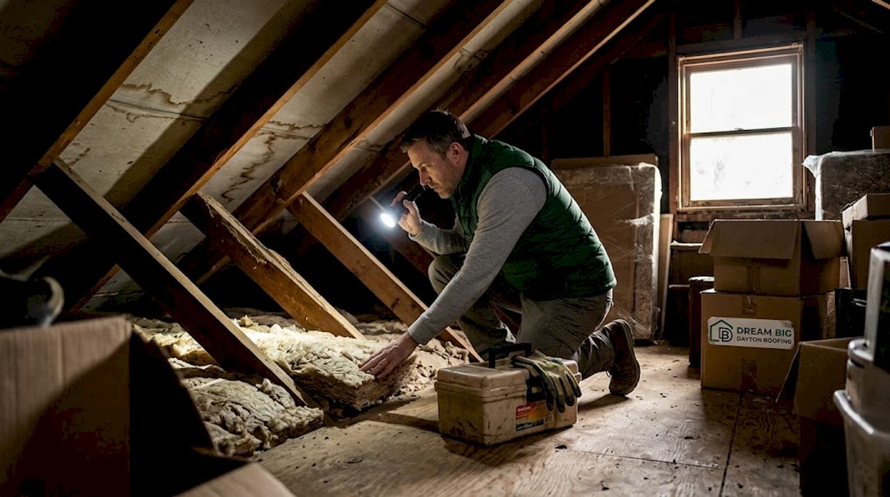 Homeowner inspecting attic for roof leaks
