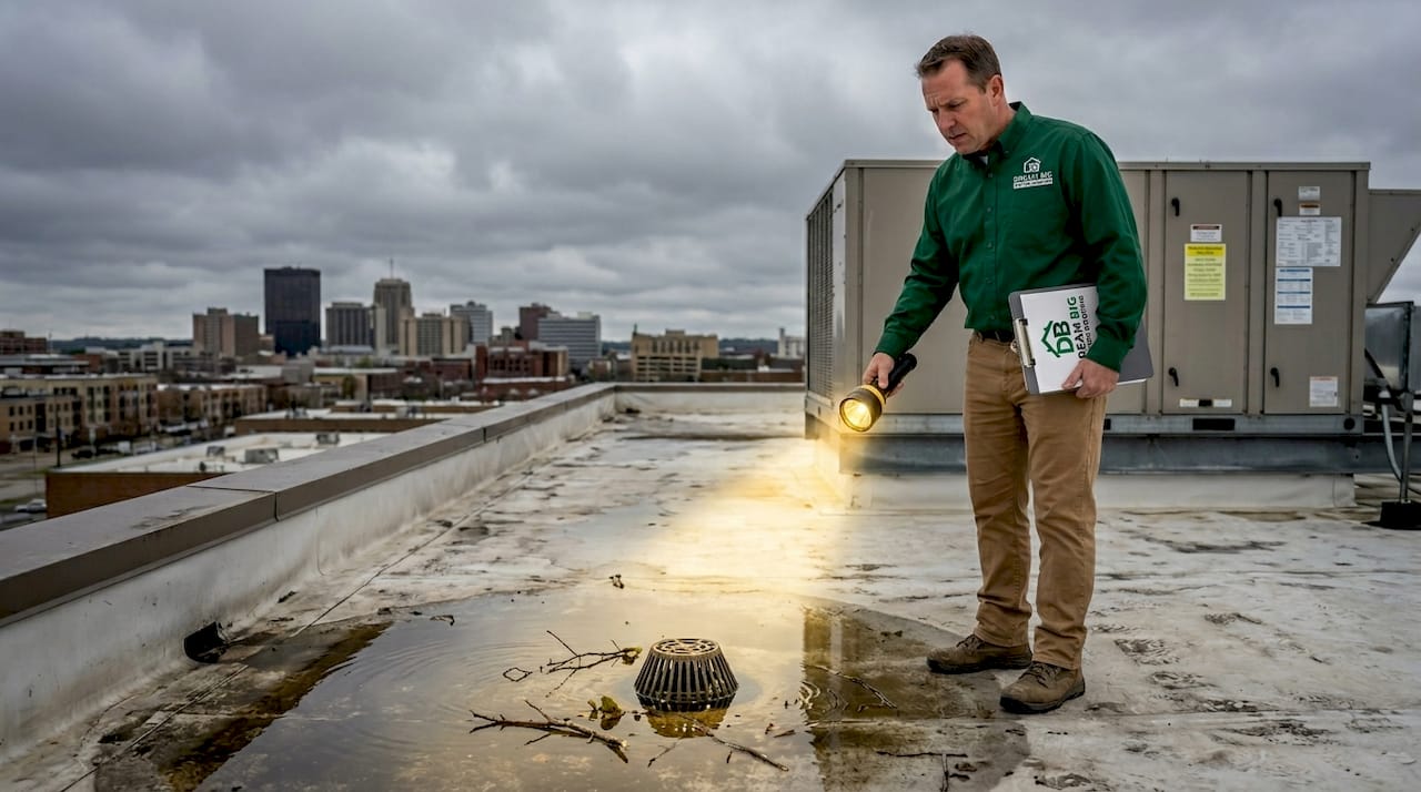 Property manager inspecting commercial rooftop in city