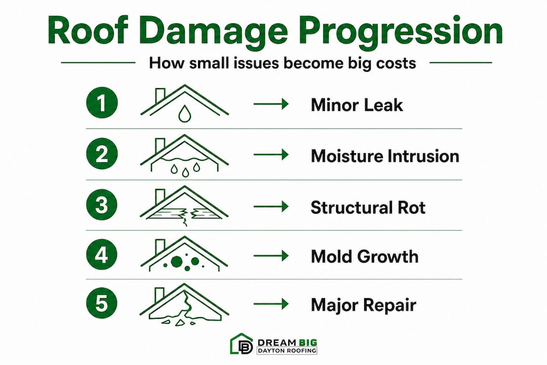 Infographic showing roof damage escalation in five steps
