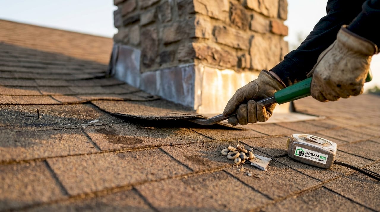 Worker using pry bar to remove old flashing