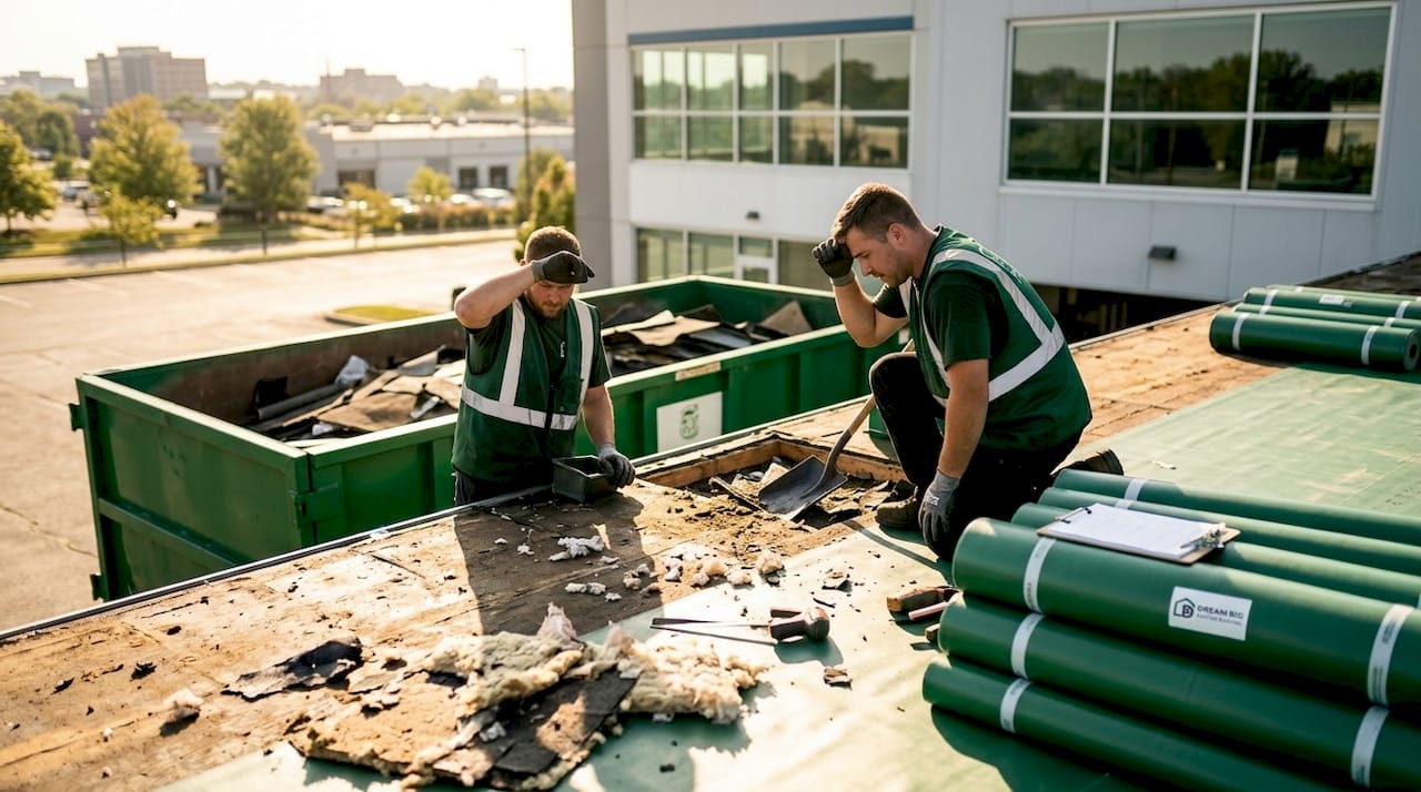 Roofers removing old insulation on factory roof