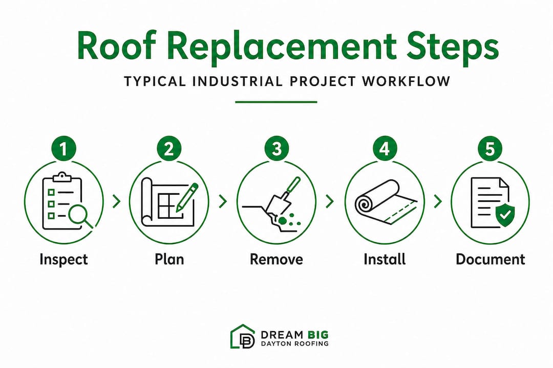 Infographic showing steps of industrial roof replacement