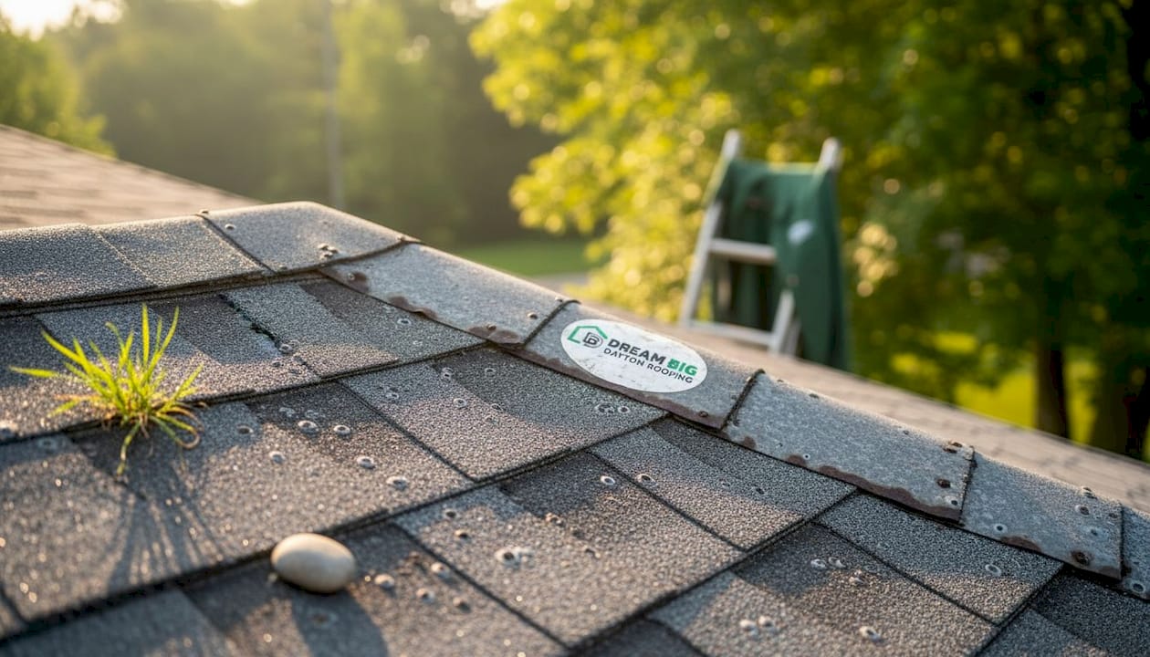 Close up of damaged roof shingles