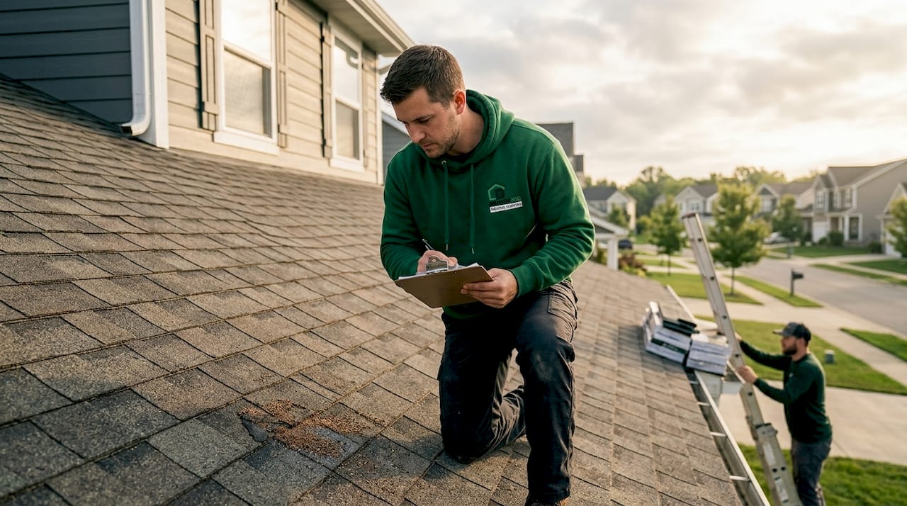 Roofing contractor inspecting shingles on Dayton home roof