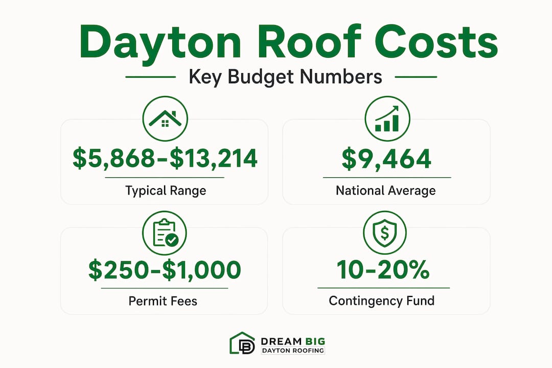 Infographic with key roof replacement cost stats for Dayton