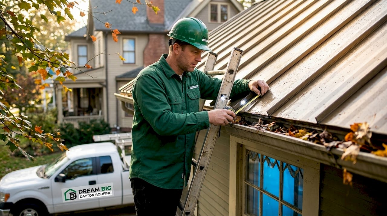 Contractor inspecting metal roof panel Dayton