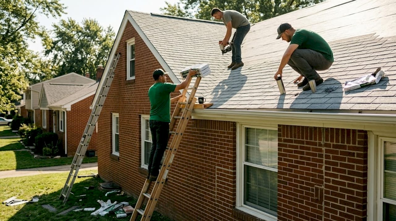 Roofers installing shingles on Dayton home