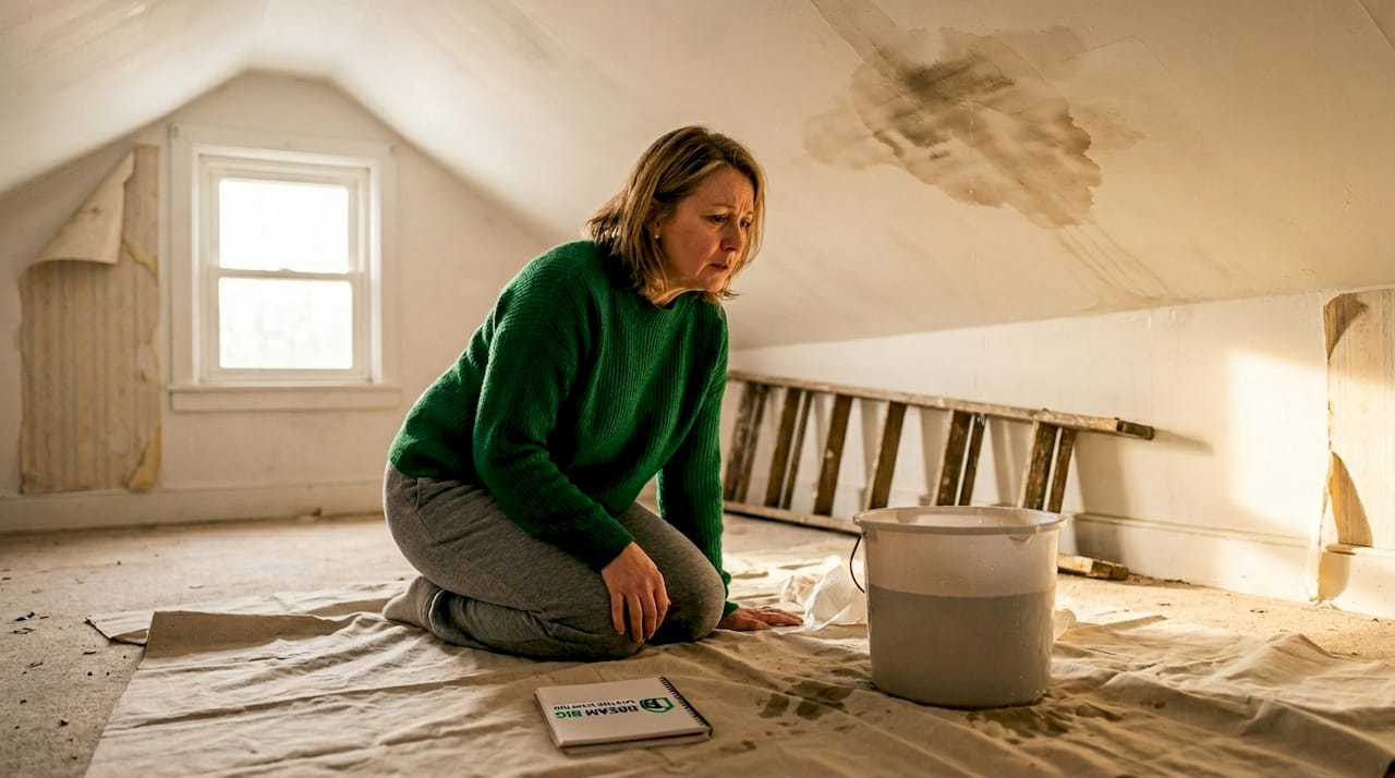 Homeowner inspects bedroom ceiling water stain
