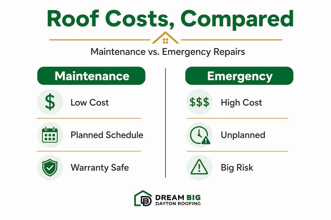 Infographic comparing roof maintenance and emergency costs