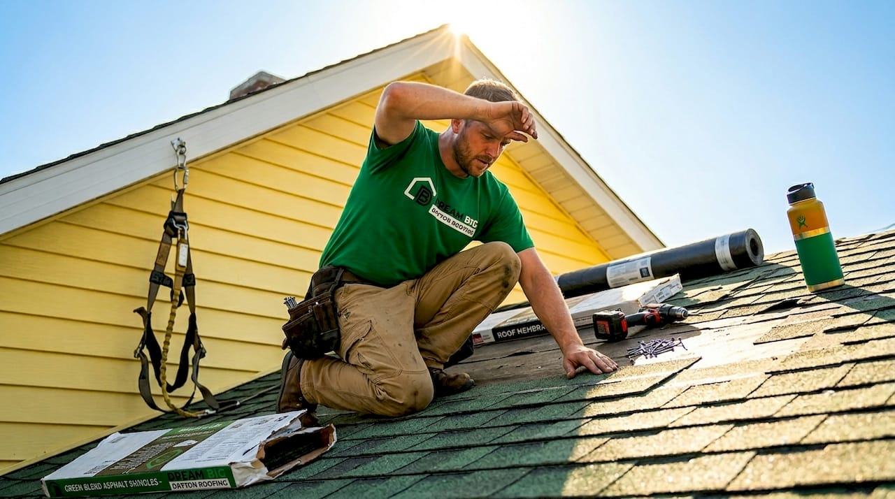 Contractor installing shingles on Ohio roof