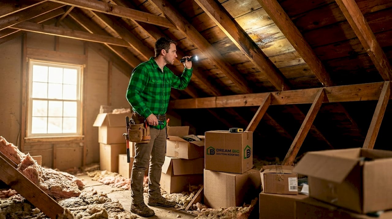 Contractor inspecting attic roof decking