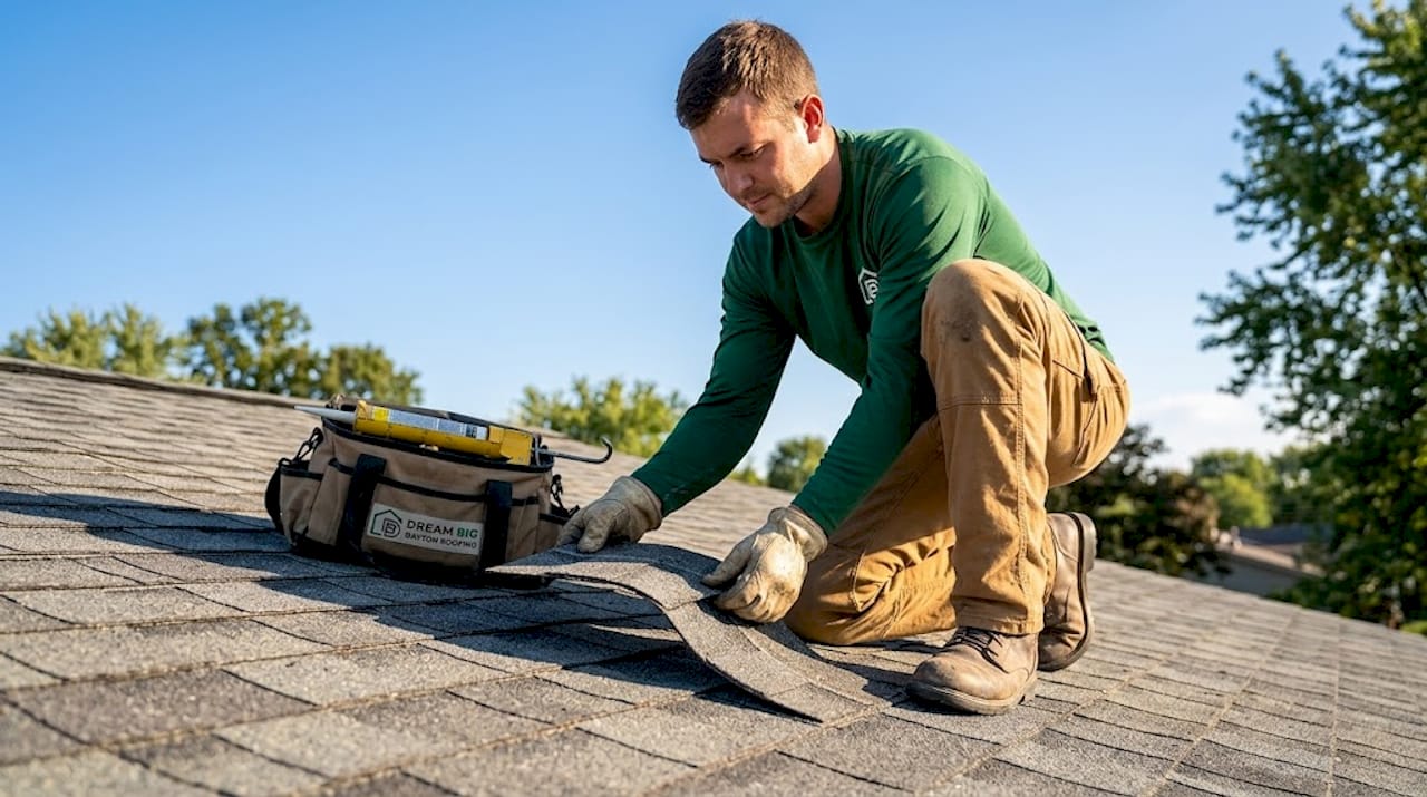 Contractor testing shingle flexibility on roof