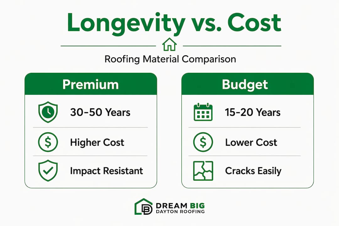 Infographic comparing roofing material lifespan and cost