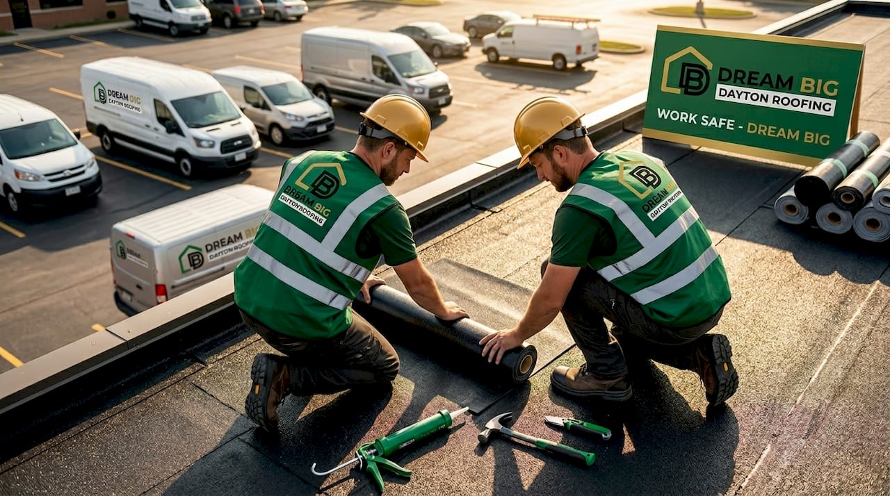 Roofers installing built-up roofing felt and asphalt