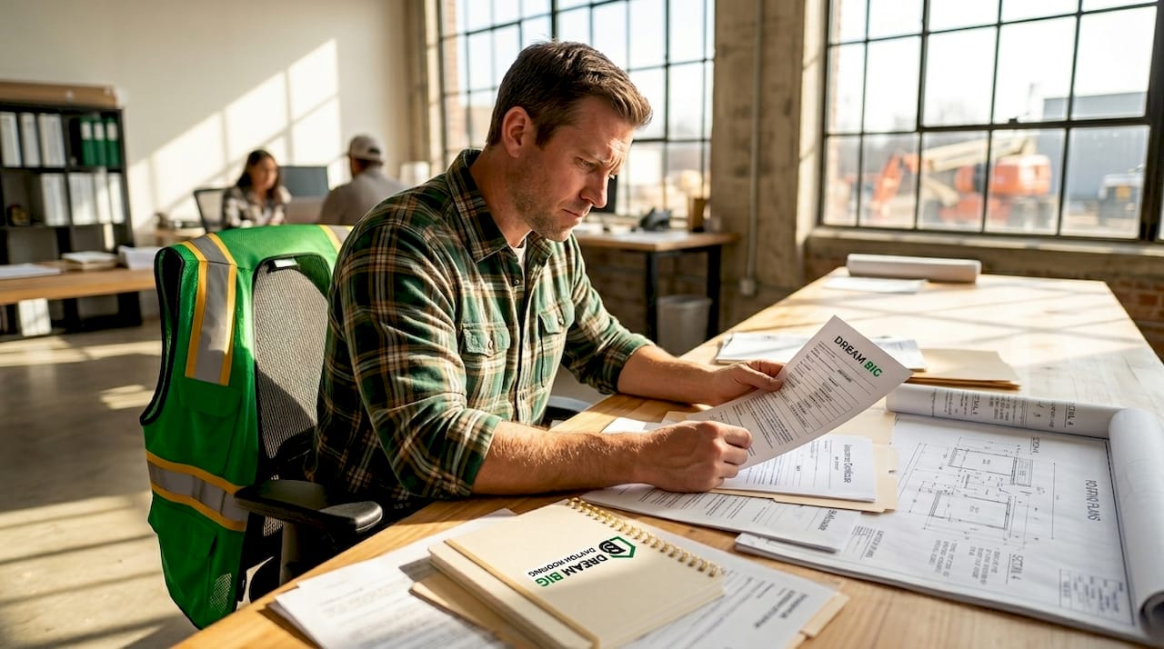 Roofer checking insurance certificate at table