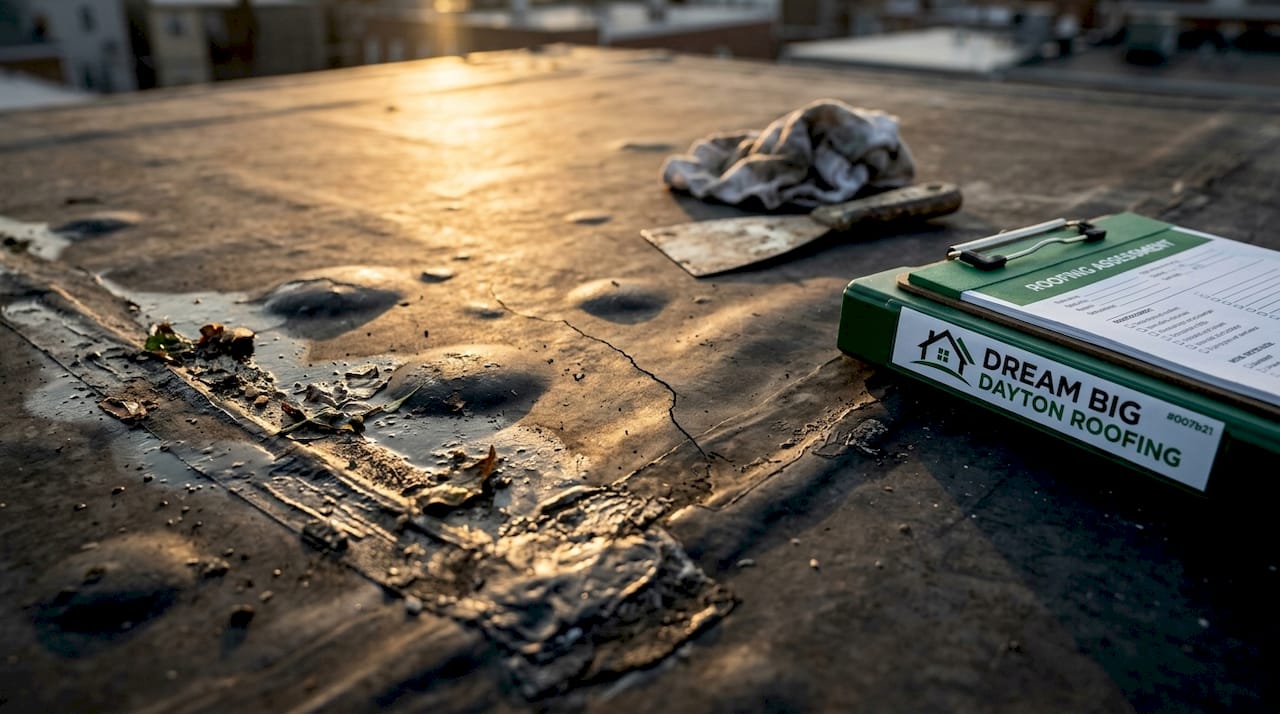 Damaged flat roof with blisters and cracks