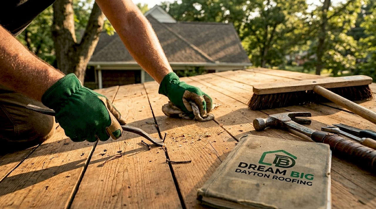 Hands preparing and cleaning roof deck surface