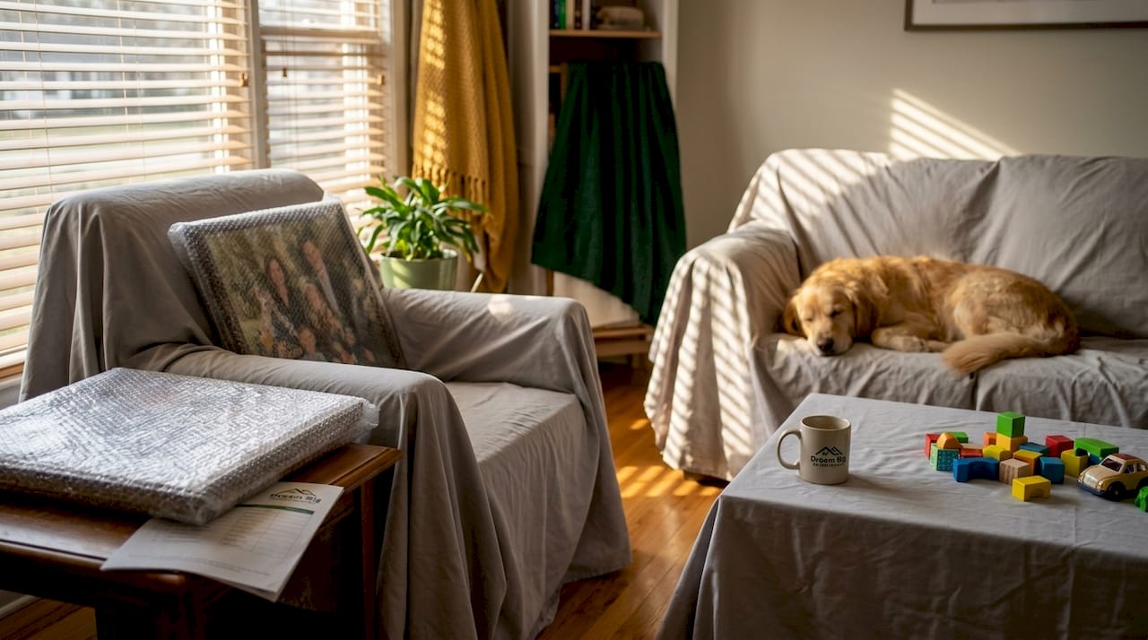 Living room with furniture covered for roof work protection