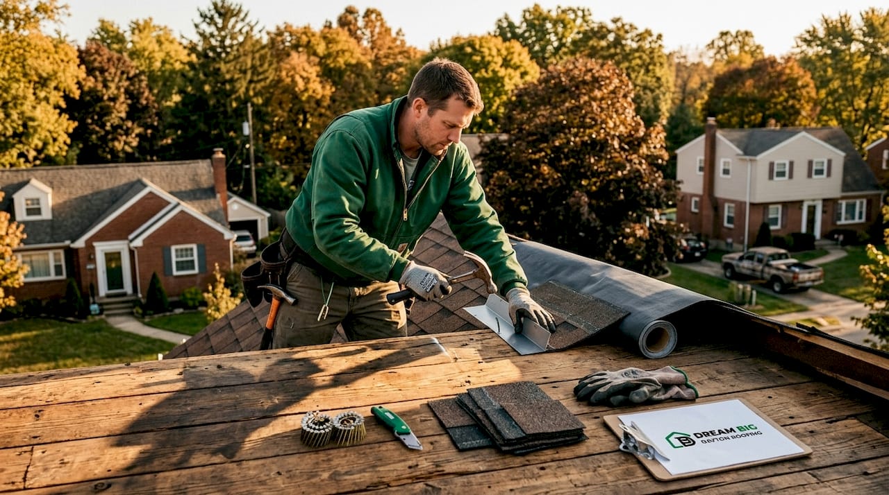 Roofer installing roofing flashing and underlayment