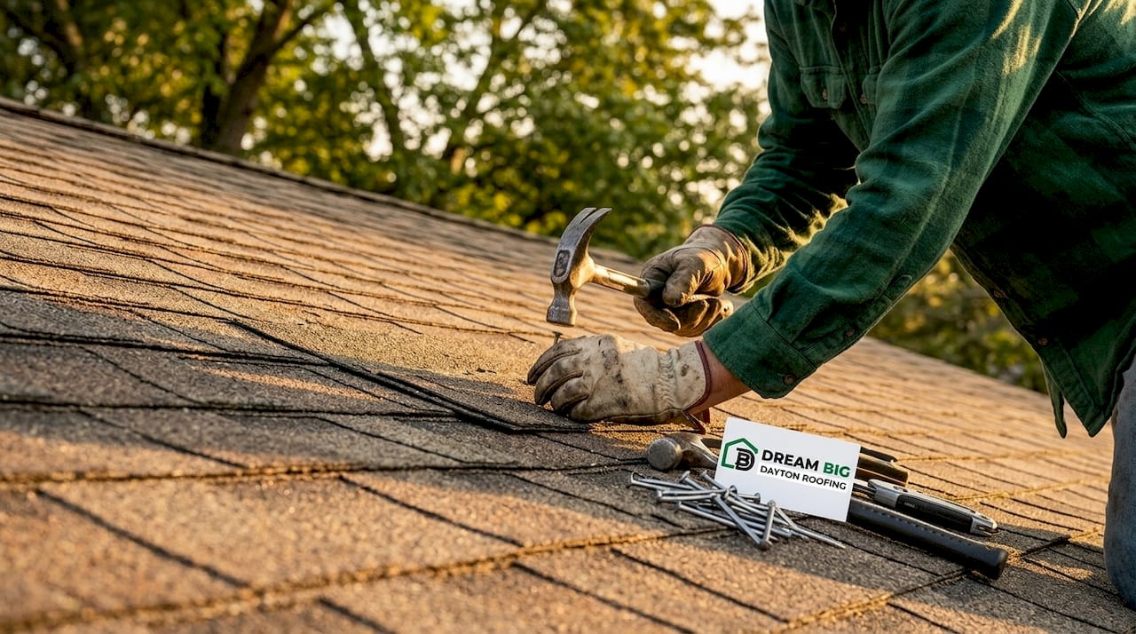 Hands repairing asphalt shingle roof