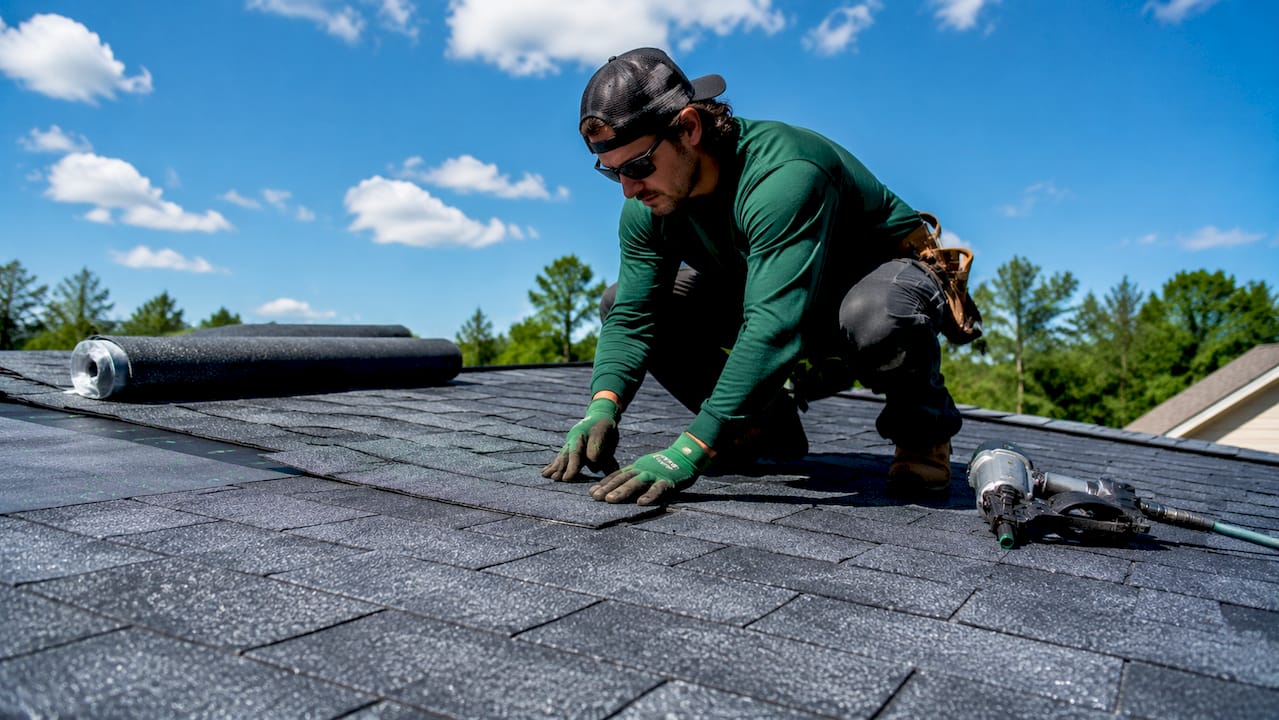 Hands installing cool roof shingles