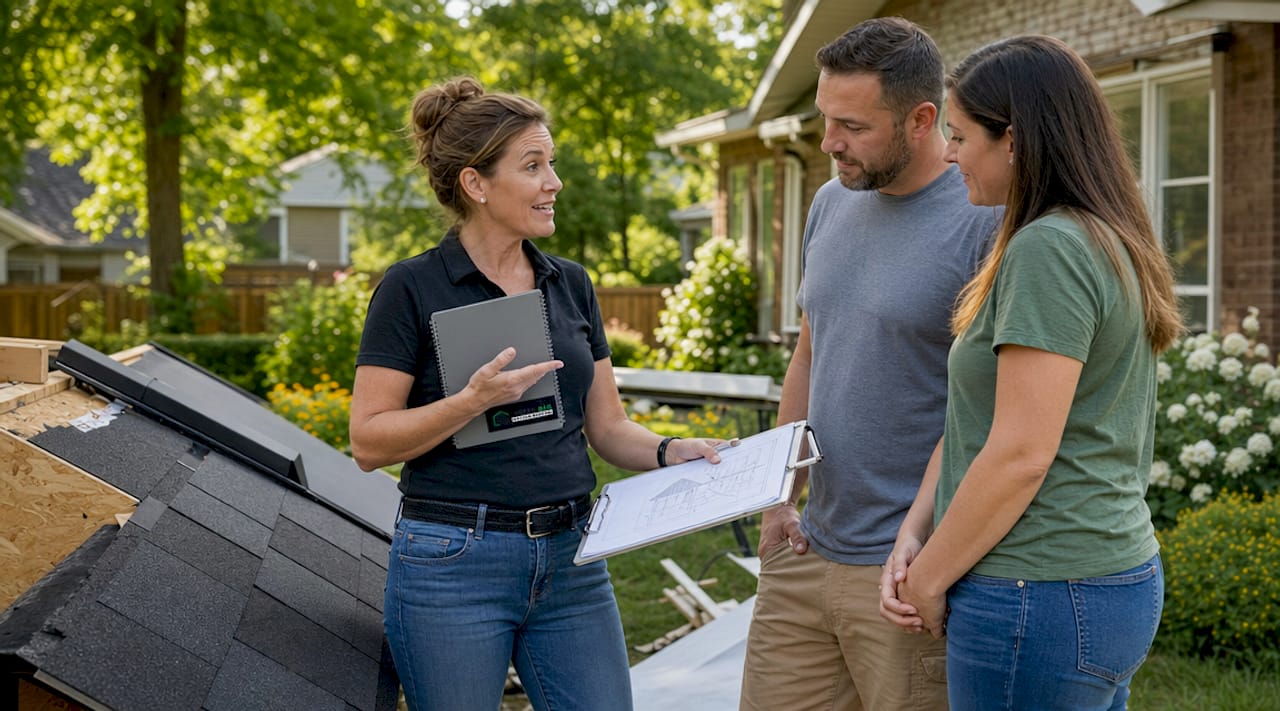 Roofing contractor consulting homeowners at site