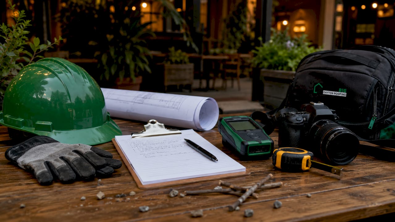 Roof damage inspection tools arranged on ground