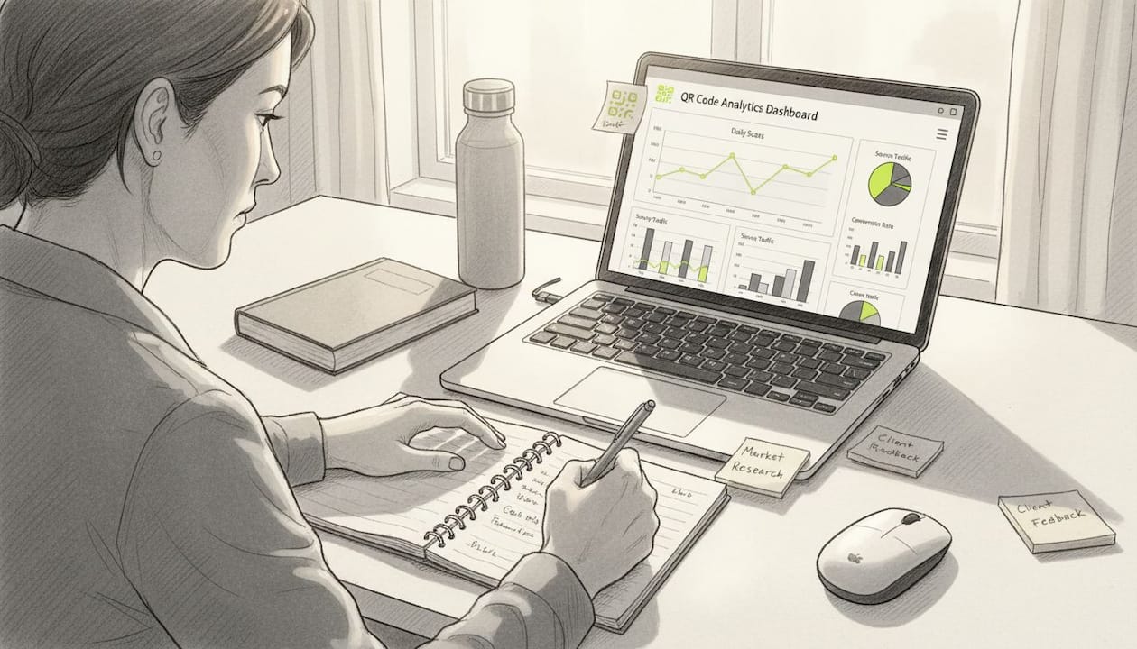 Person reviewing QR analytics in home office
