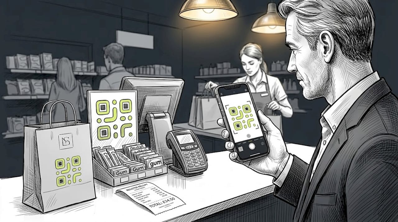 Customer scanning QR code at store counter