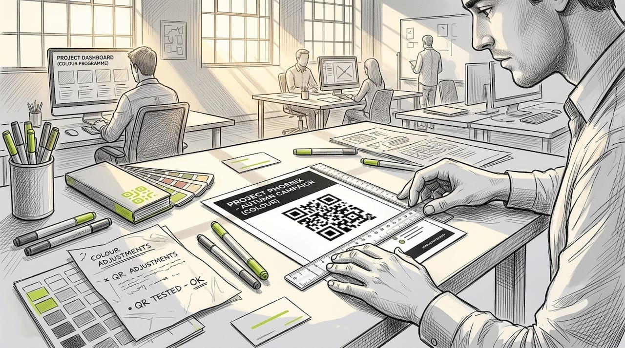 Designer checking QR code printed flyer at desk