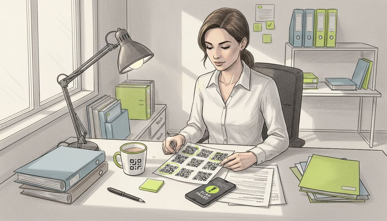 Professional verifying printed QR codes in office