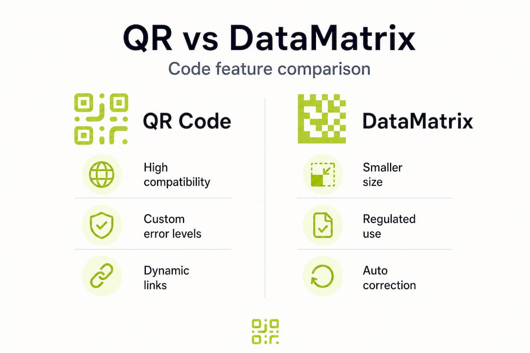 Infographic comparing QR and DataMatrix code features