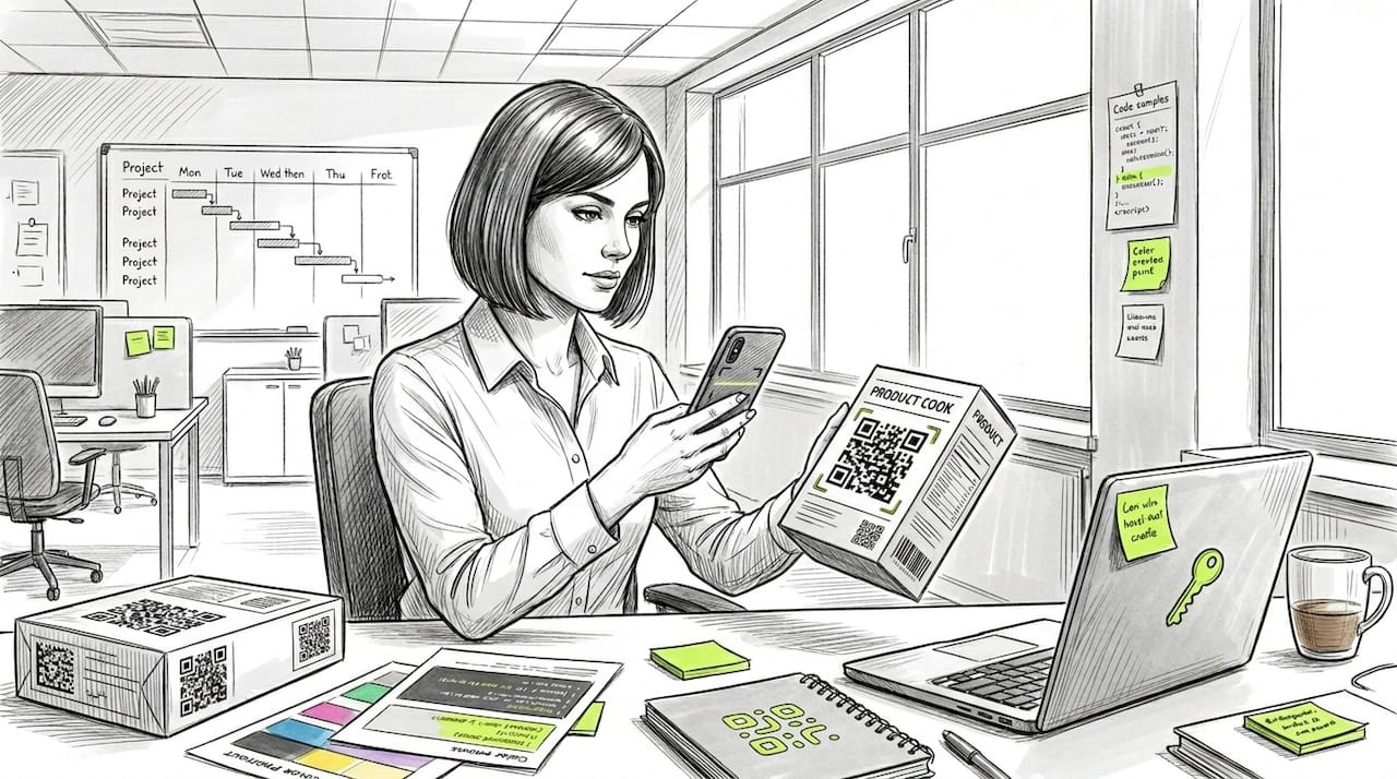 Professional scans QR and DataMatrix codes at workspace