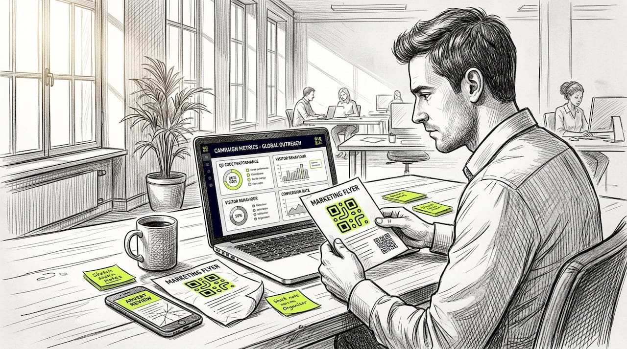 Marketer comparing printed flyers with QR codes at desk