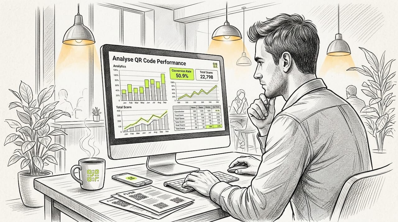 Marketer reviewing QR code analytics on desktop monitor