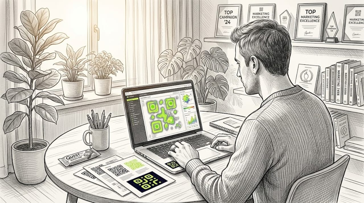 Manager studies QR scan heat map on laptop in office