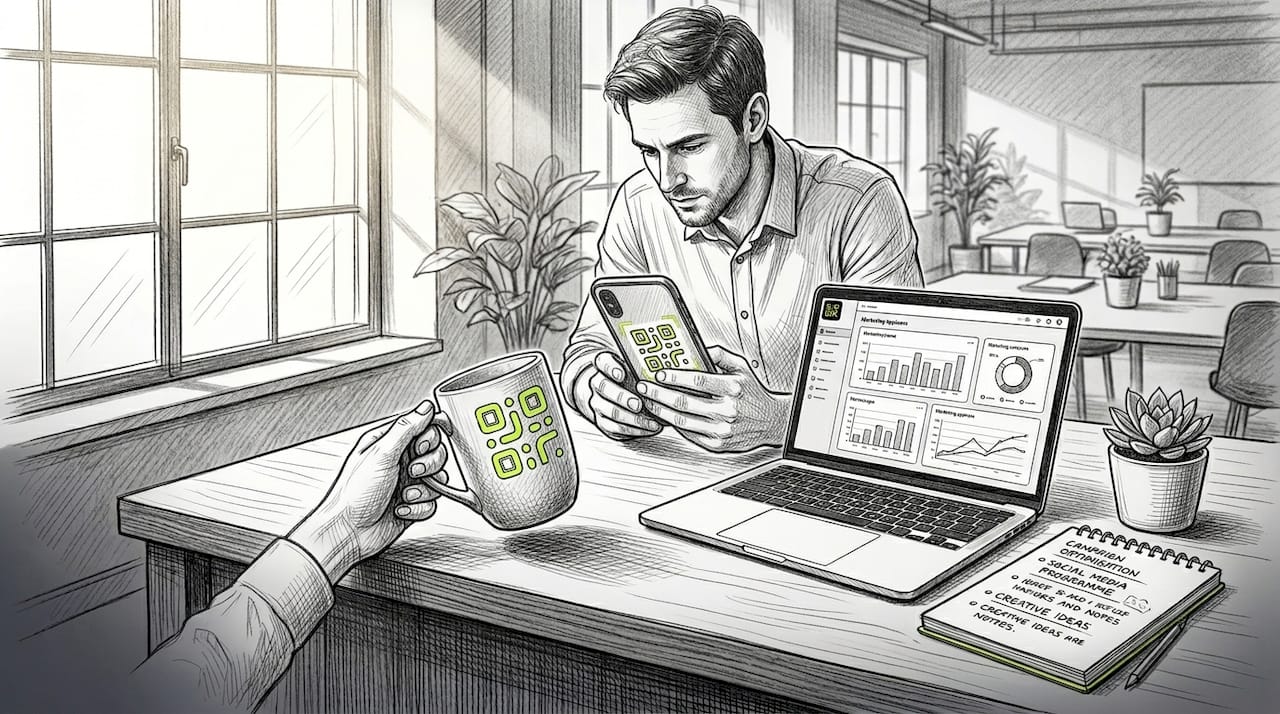 Marketer scanning QR code at cluttered workspace