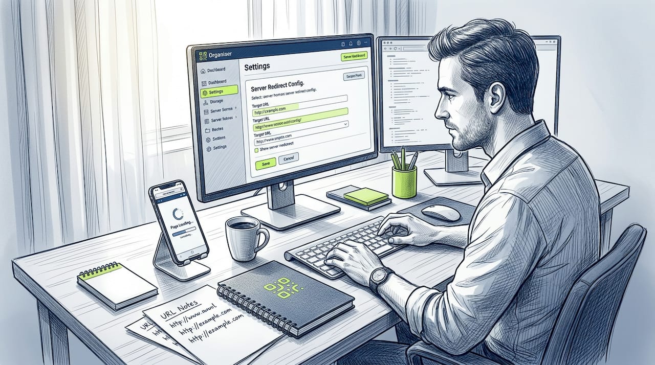 IT specialist checking URL redirect on server dashboard