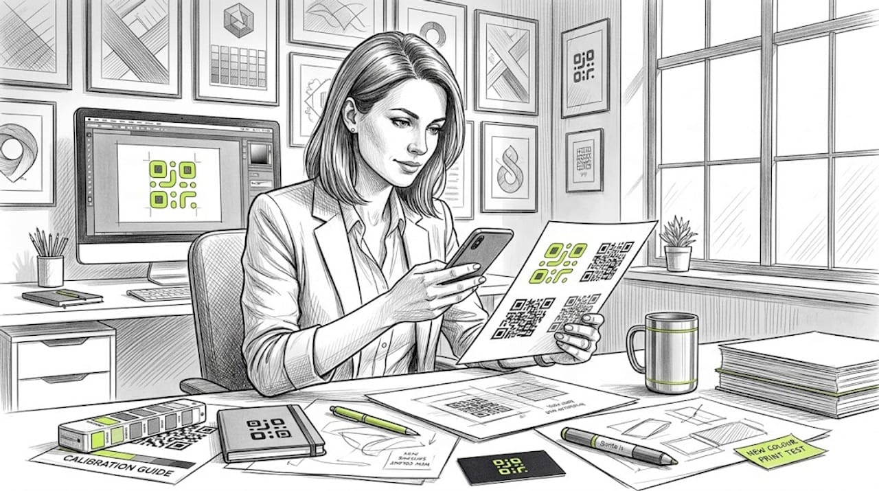 Woman testing printed QR codes at her desk
