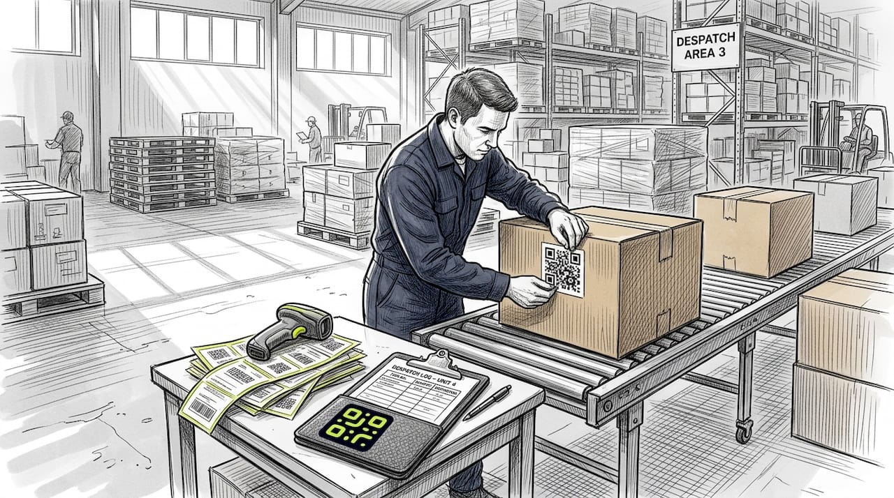 Warehouse worker applying QR label to shipping box
