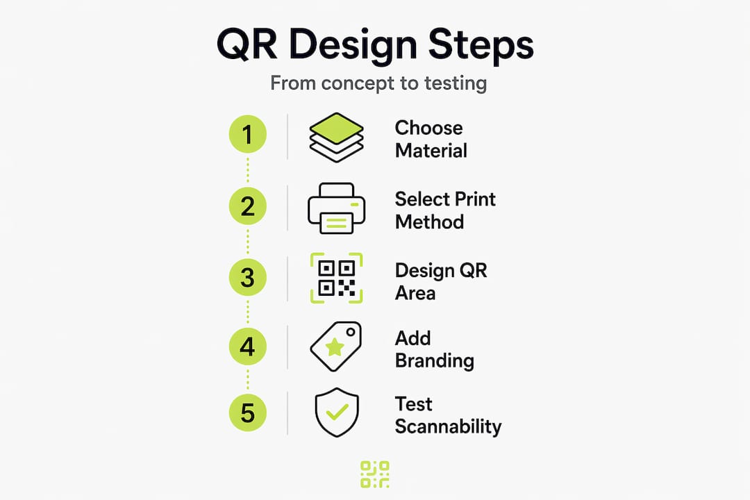 Infographic showing sequential QR label design steps