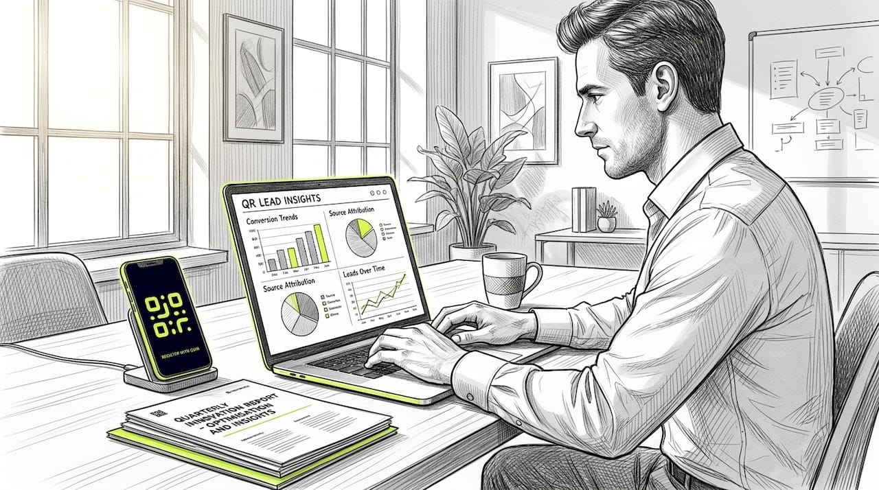 Analyst reviews QR code scan analytics at office desk