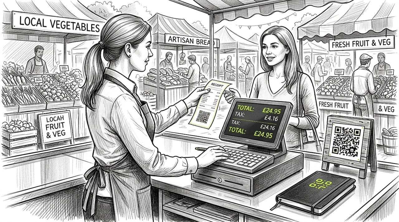 Cashier handing receipt with QR code at counter